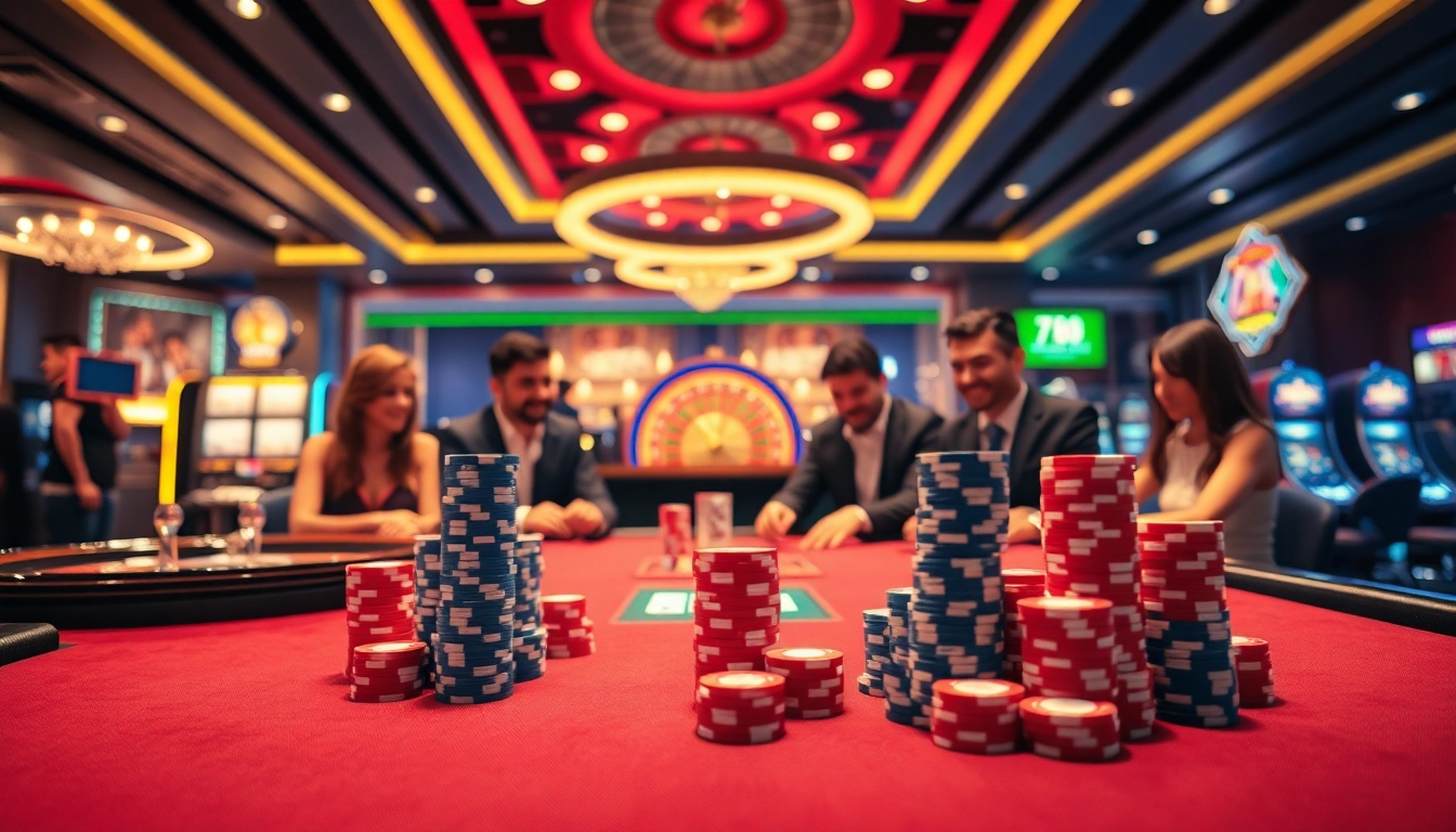 Excited gamers enjoying a vibrant casino atmosphere at 78WIN, featuring roulette and slot machines.