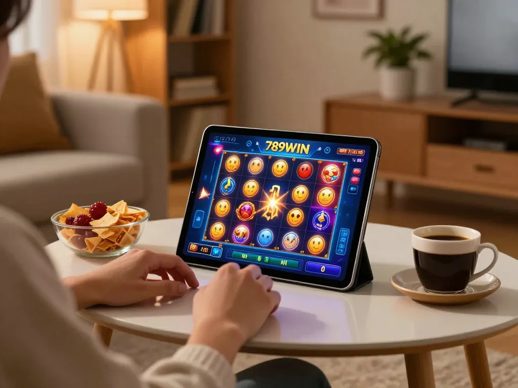Engaging player on 789WIN tablet enjoying a home gaming strategy session amidst cozy decor.