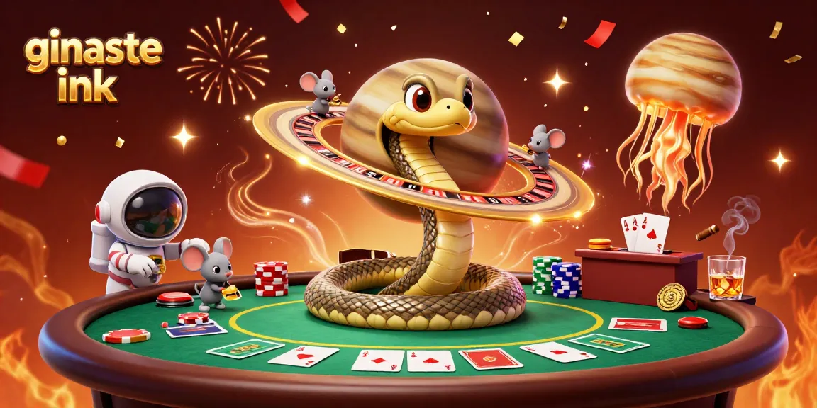 Engage in thrilling bets at ginaste ink with a vibrant cosmic casino scene featuring roulette and flamboyant gaming characters.