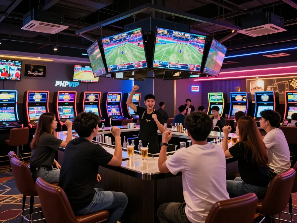 Engaged bettors placing wagers on PHPVIP while watching live sports events in an animated atmosphere.