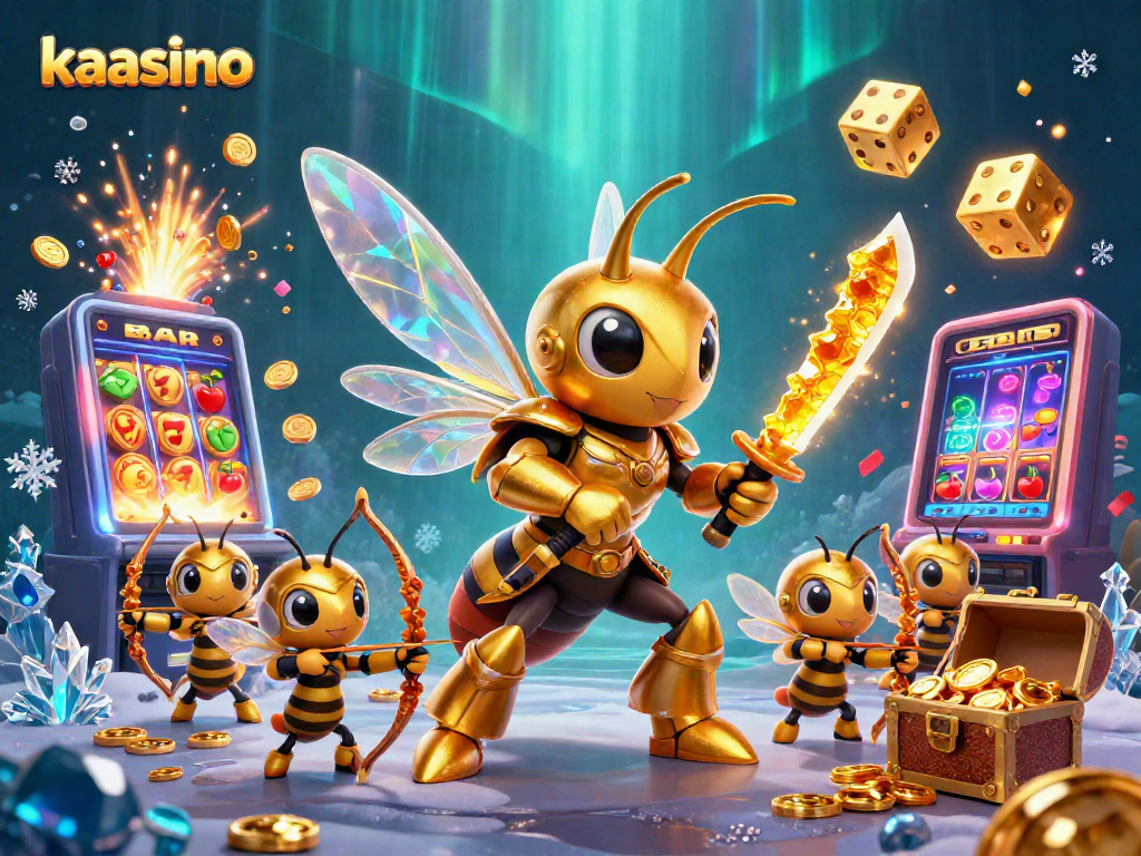 Kaasino's vibrant gaming scene features a majestic samurai hornet and bee archers amidst dazzling casino elements.