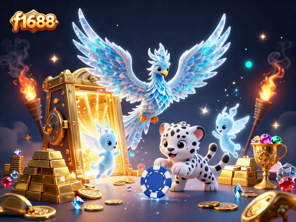 f1688 casino-themed illustration with a lively ice phoenix and treasure elements.