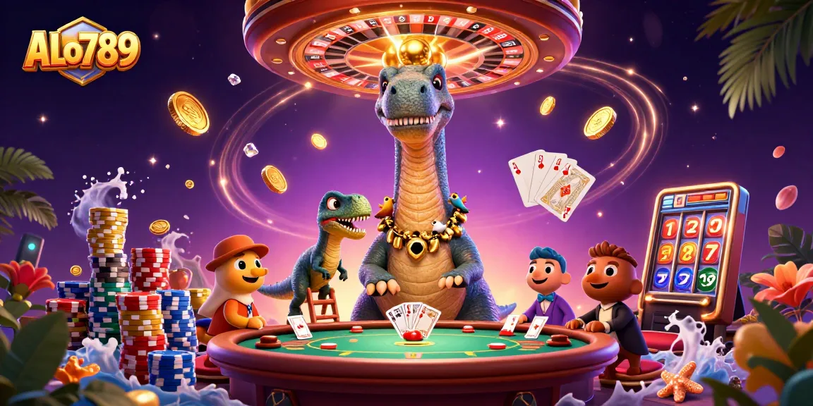 ALo789 players enjoy thrilling casino adventures in a vibrant 3D illustration.