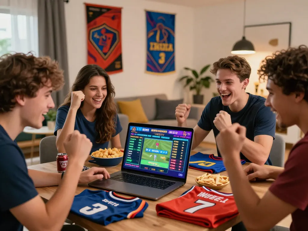 Engaging moment of friends celebrating as they access Link nhà cái Topbet for sports betting.