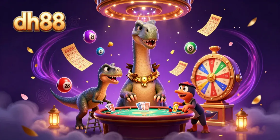 dh88 engages players with a whimsical 3D cartoon casino scene showcasing vibrant lottery elements and a friendly dino dealer.