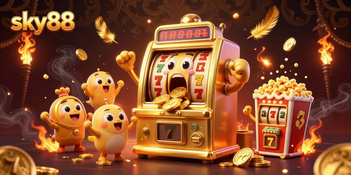 sky88 slot machine celebrates a jackpot win with coins overflowing