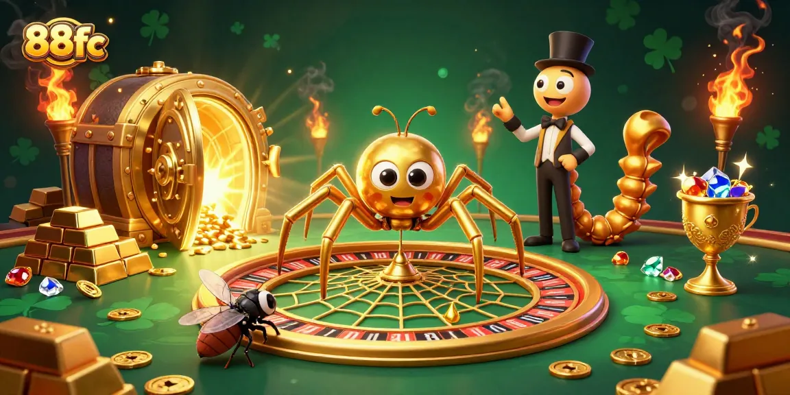 Experience 88fc's thrilling gaming ambiance with a fly nervously betting at a roulette wheel.