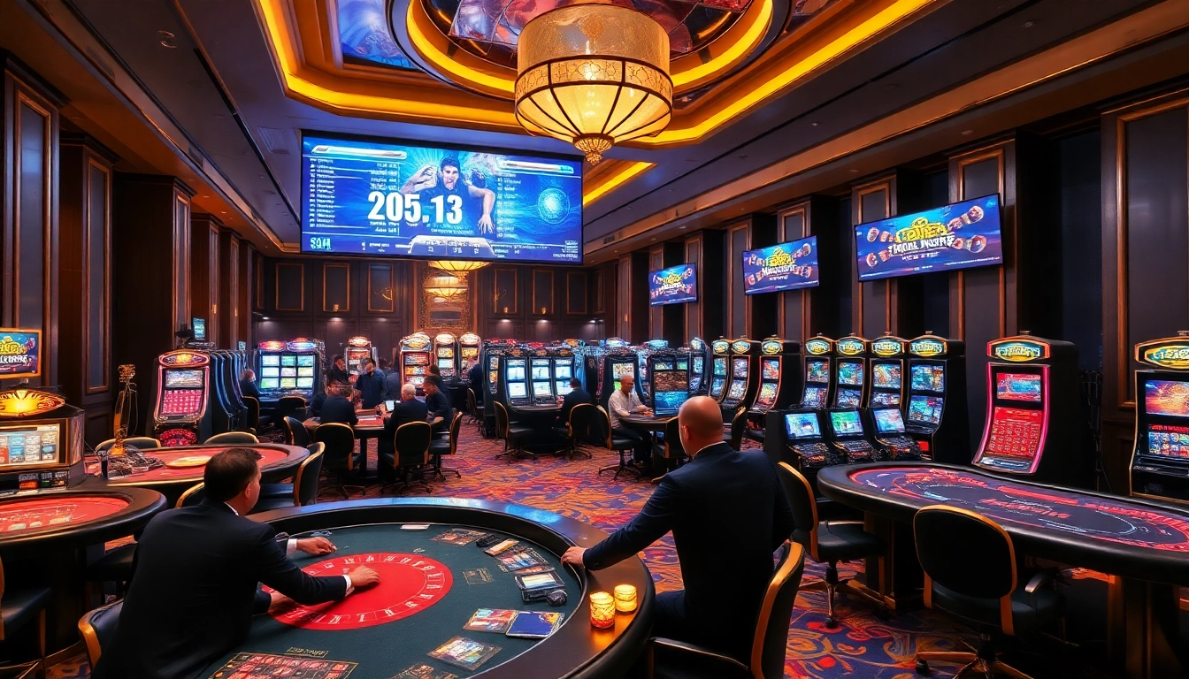 Experience the vibrant gaming atmosphere at trang chủ j88 with players at casino tables.