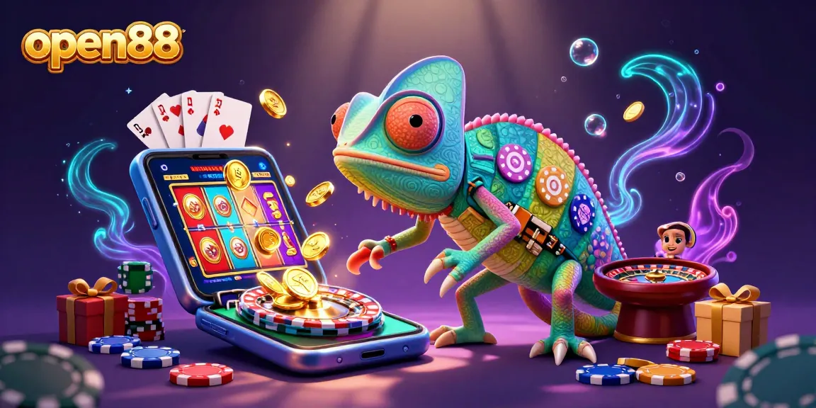 Experience thrilling gameplay at open88 with a vibrant chameleon casino owner amidst golden coins.