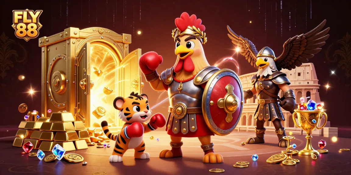 Engage with FLY 88's 3D casino adventure, featuring a gladiator rooster and treasures!