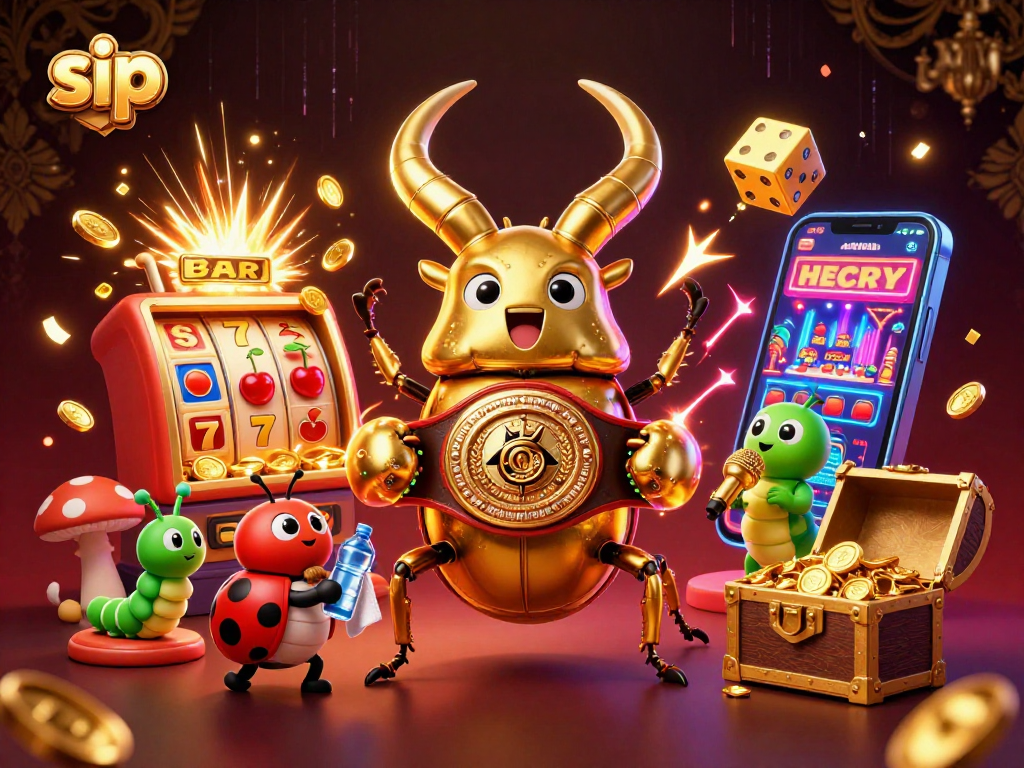Sip into action with golden stag beetle boxing amidst vibrant casino elements and jackpots exploding.