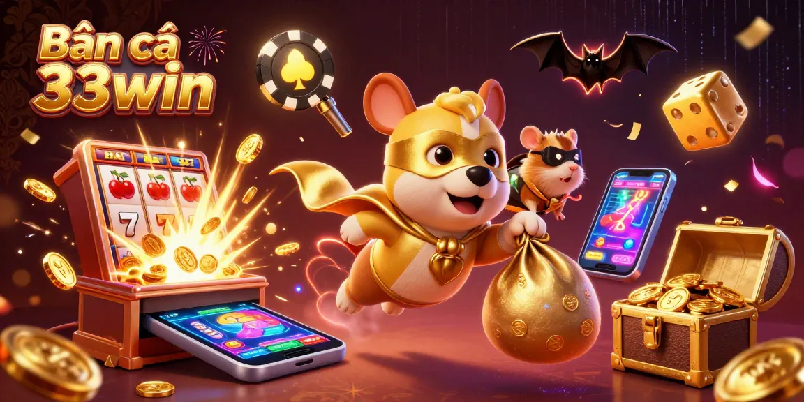 Bắn cá 33win showcases an exciting casino scene with a superhero dog and hamster celebrating a jackpot explosion.