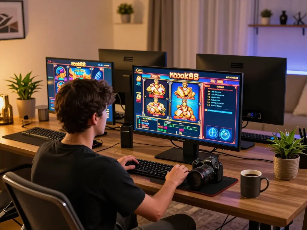 Player immersed in a vibrant rokok88 slot session on multiple screens, showcasing an engaging home gaming setup.