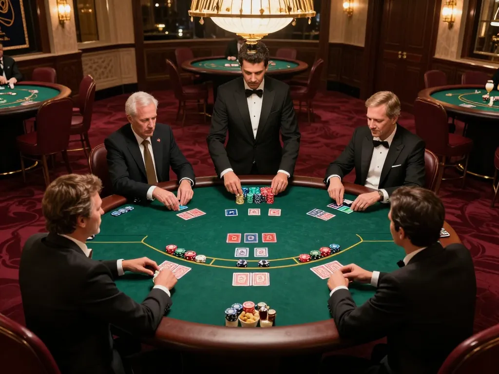 DA88 thrilling high-stakes poker game in an upscale casino with professional players betting.