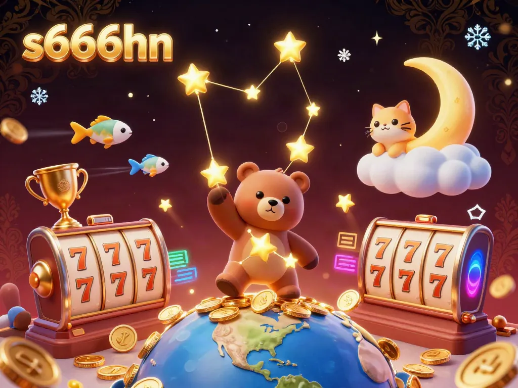 Engage with s666hn's vibrant casino world featuring a golden constellation bear and slot elements.