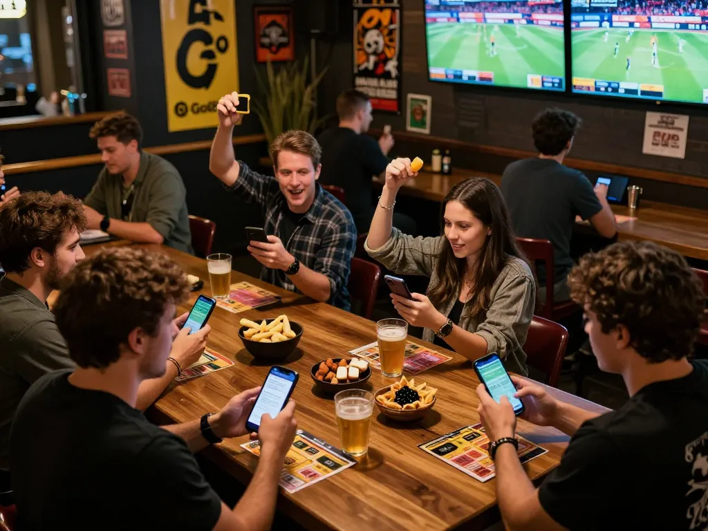 Gamblers engaging in sports betting on Go8 app in vibrant sports bar atmosphere
