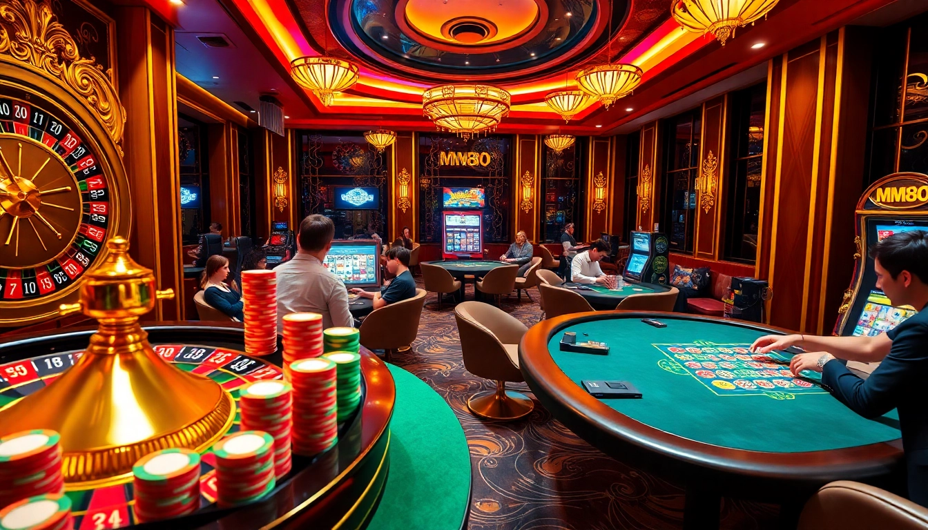 Exciting scene inside MM88 casino with poker chips, players, and roulette wheel.
