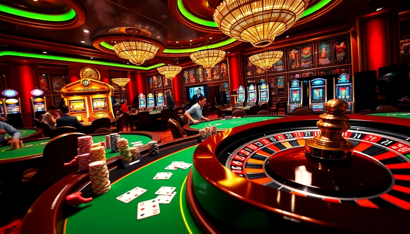 Engaging action at a luxury casino showcasing dynamic gameplay at https://bin88.help/ with poker tables and roulette wheels.