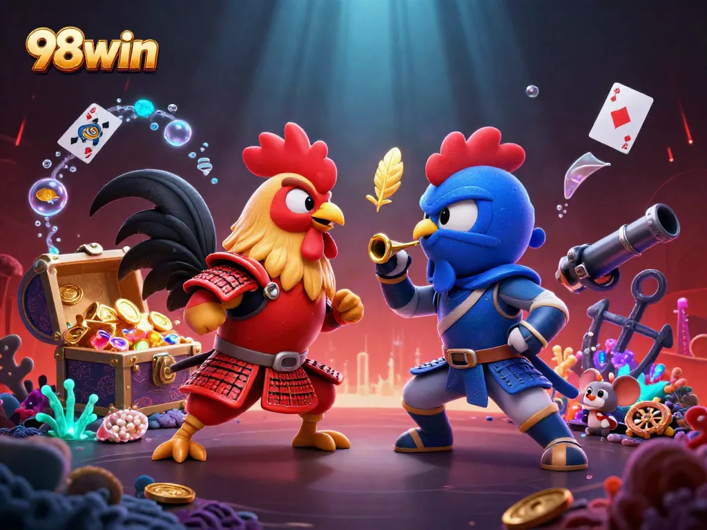 Engage in thrilling gameplay with 98win as roosters battle amid vibrant casino elements.