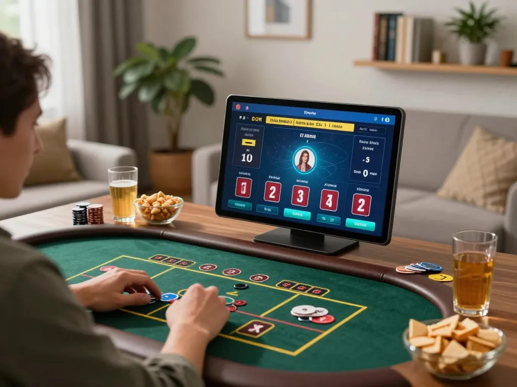 Engaged player enjoying online gaming at nhà cái alo8 on a tablet in a cozy home setting.