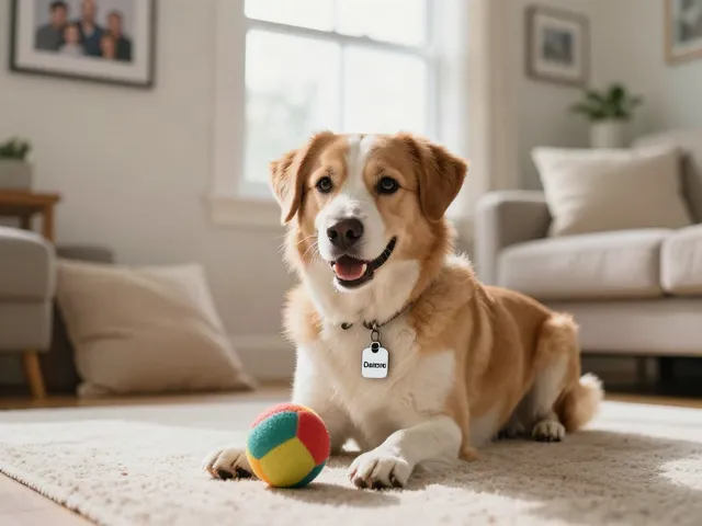 Een hondenpenning met naam en telefoonnummer aan de halsband van een blije hond die speelt in een gezellige woonkamer.
