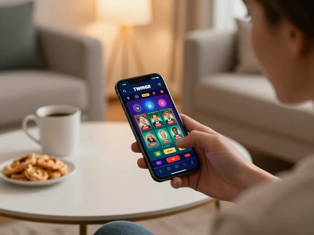 TWIN68 app user engaged in mobile gaming, enjoying an immersive casino experience at home.