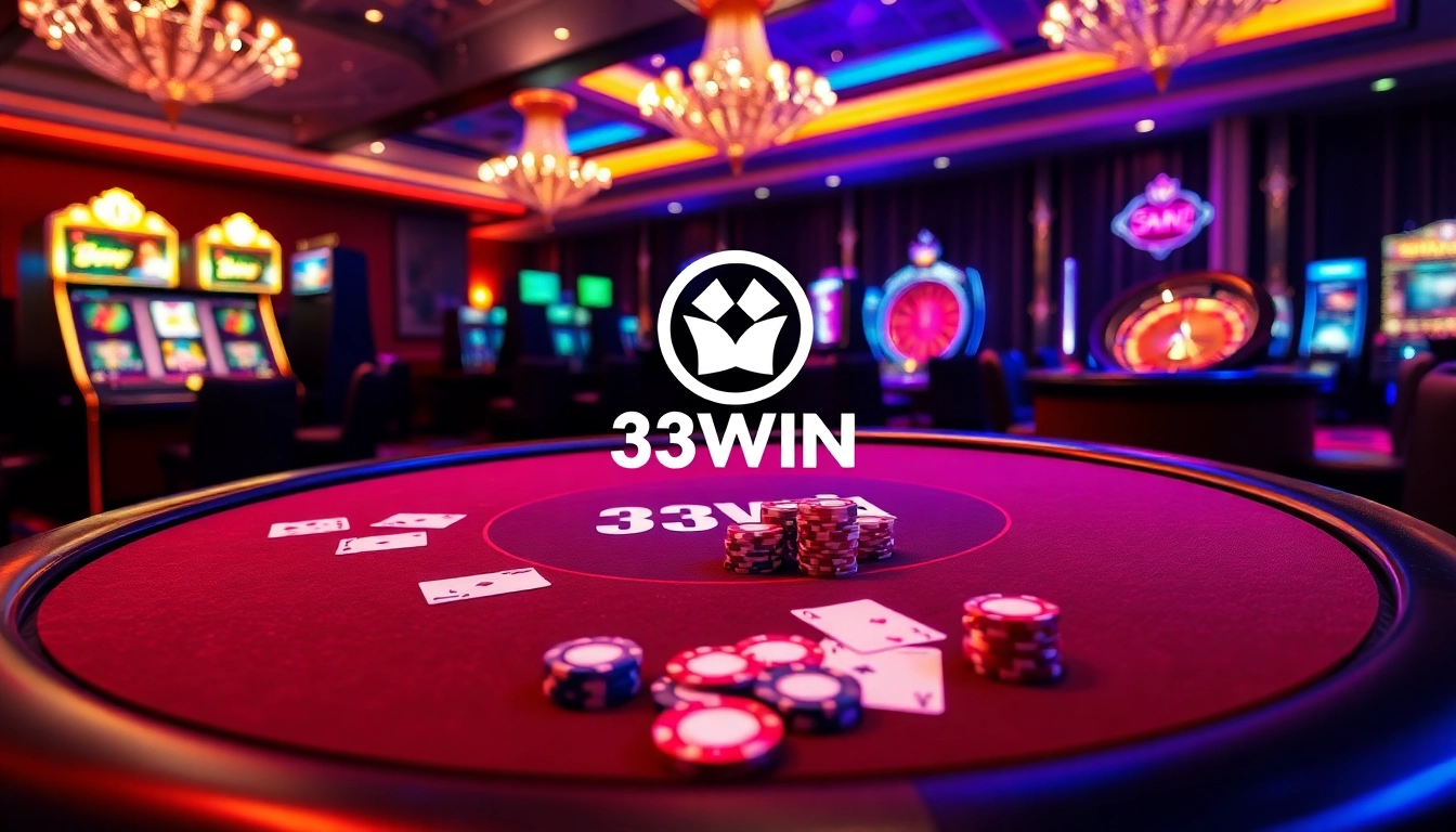 A vibrant poker table at 33WIN showcasing chips and cards in a high-stakes casino setting.