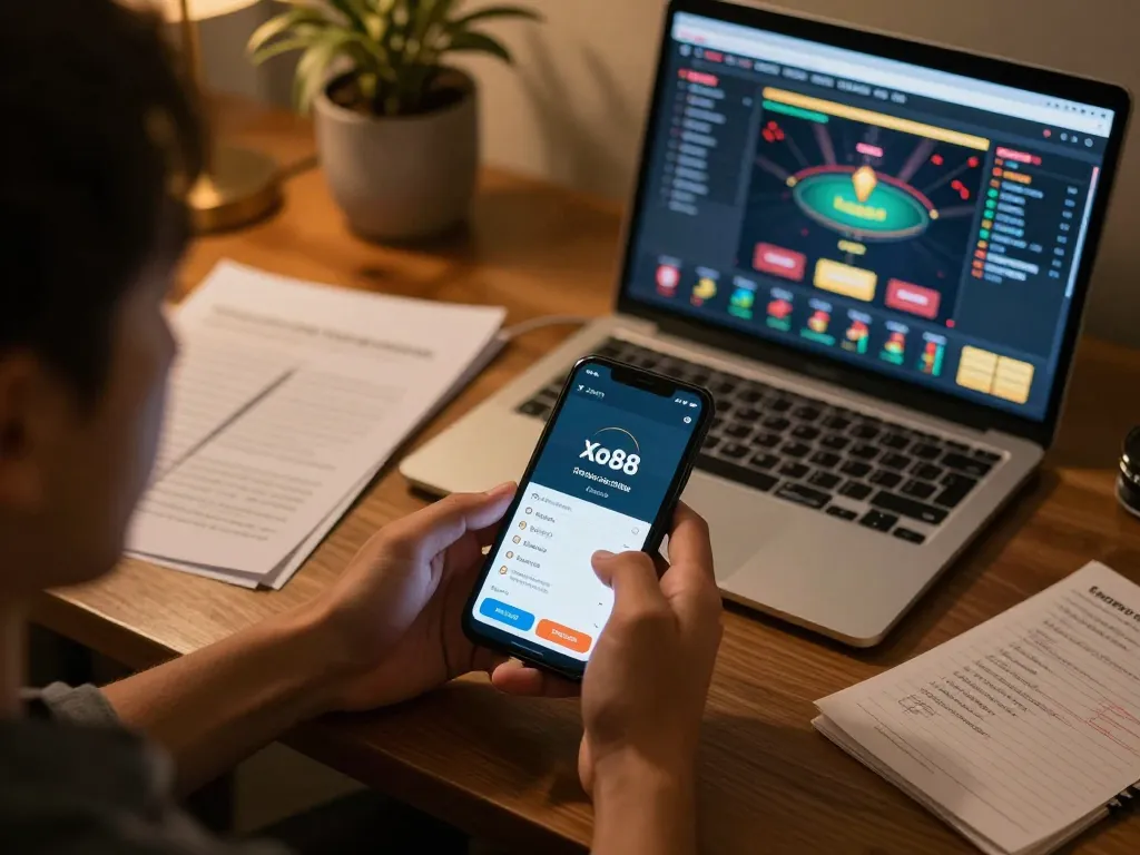 Engaging scene showing the App Xo88 used for strategic online gambling from a cozy home setting.