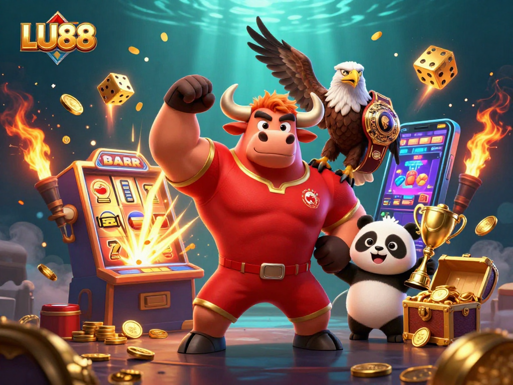 LU88 players celebrate massive wins with vibrant slots and golden trophies in an exciting casino scene.