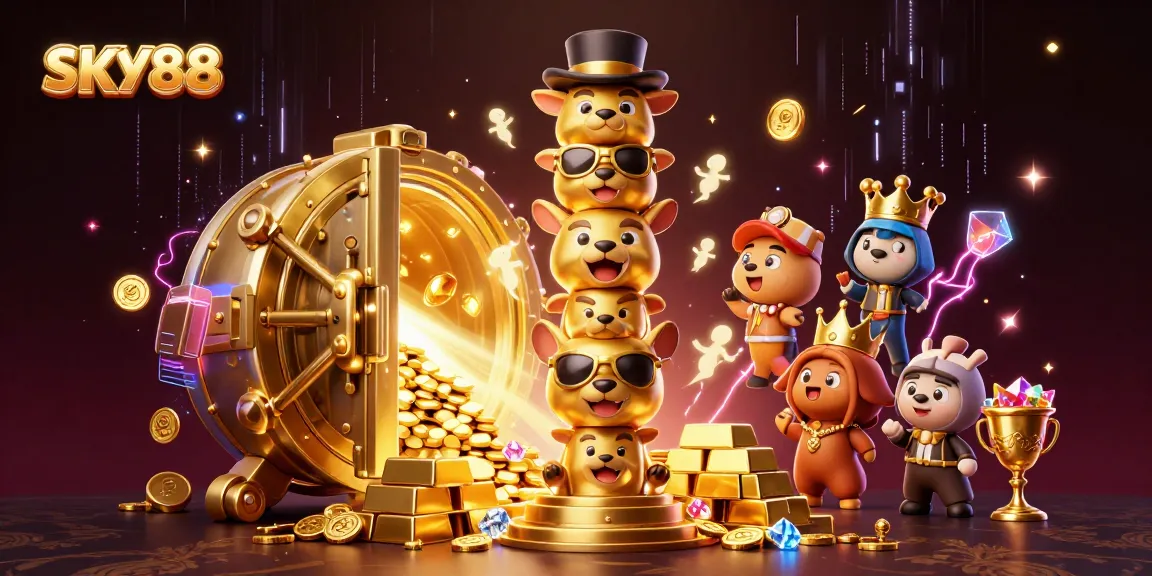 Engage with SKY88's vibrant casino scene, featuring a lively golden totem and dazzling treasure elements.