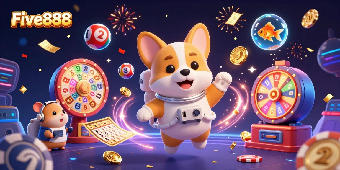 Experience the vibrant action of Five888 as a corgi astronaut plays games amidst floating coins and lottery balls.