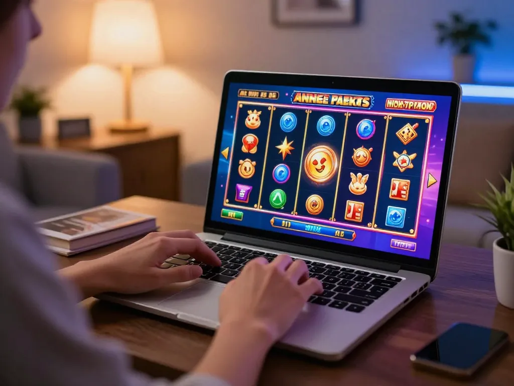 Engaging online casino gameplay on a laptop at home, showcasing kwin slot machine wins