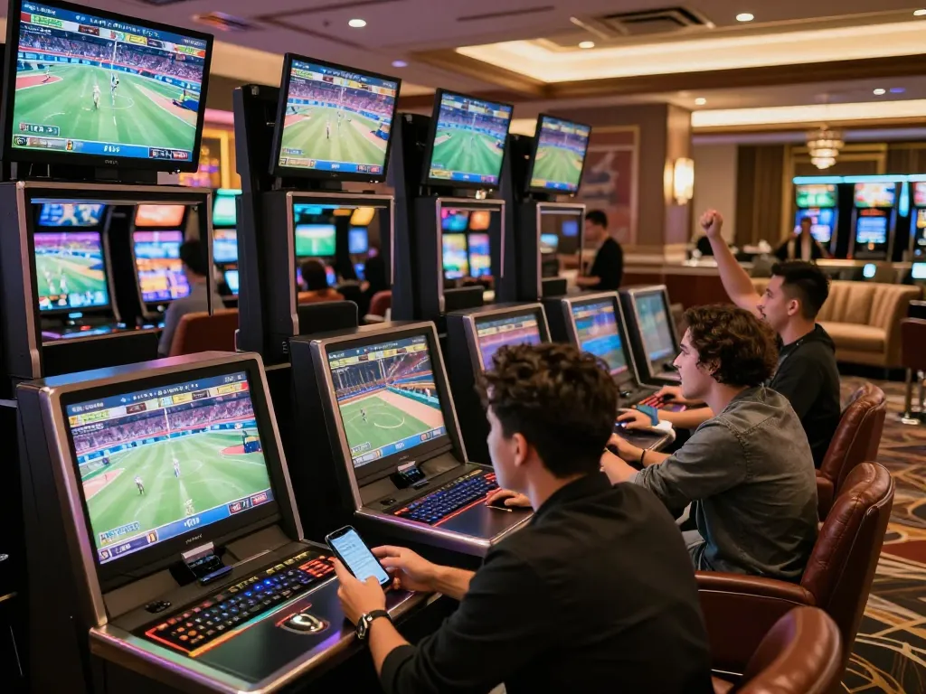 Excited patrons engage in sports betting at a luxurious casino lounge featuring TIP88 screens.