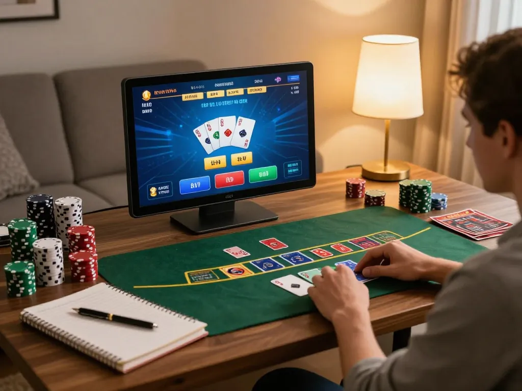 Player enjoying cm88 online blackjack in a cozy living room with strategic notes on hand