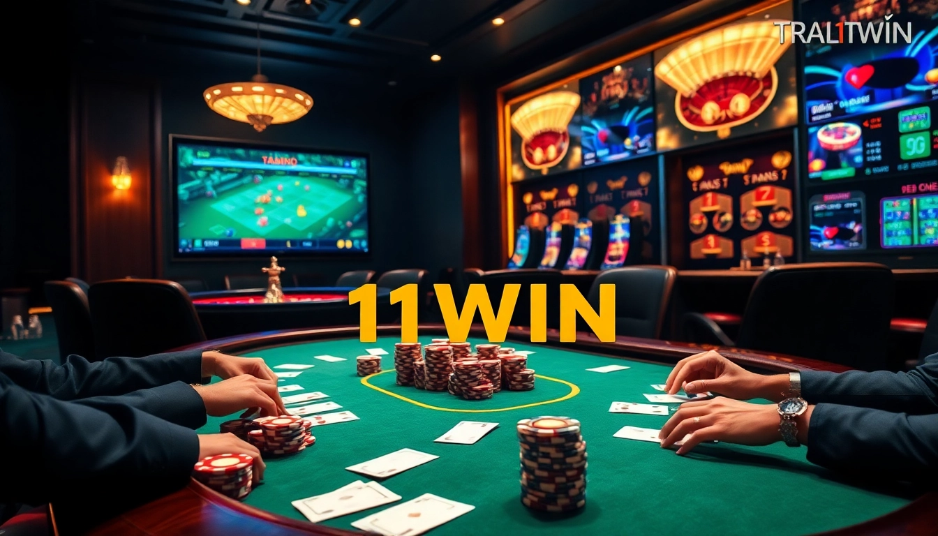 Exciting casino scene showcasing Trang Chủ 11WIN online gambling with poker chips and roulette wheel.