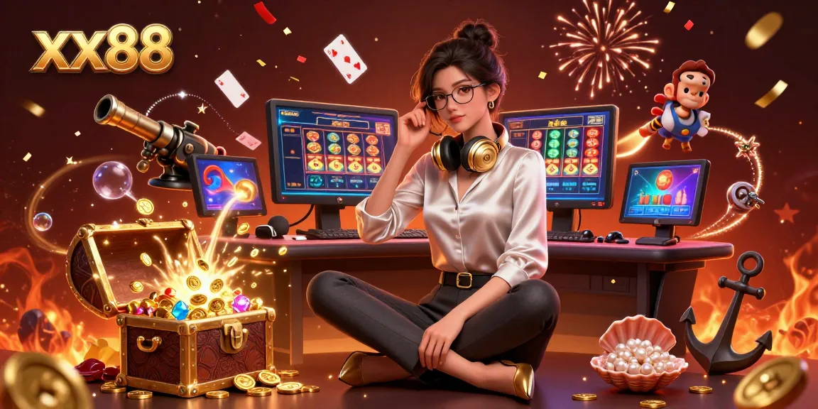 Engage with casino excitement at xx88, featuring a gamer in a vibrant setting with dynamic game elements.