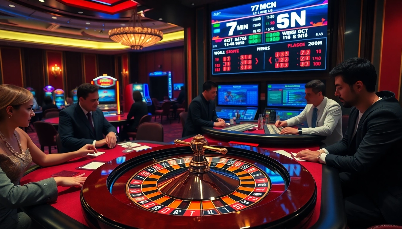 Experience the thrill of gambling at 7mcn with an elegant casino scene featuring players engaged in high-stakes roulette.
