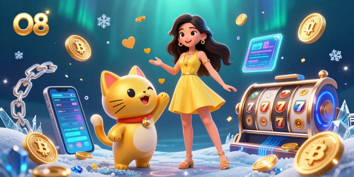 O8 showcases vibrant gambling action with a cheerful woman and a lucky cat among neon crypto coins.