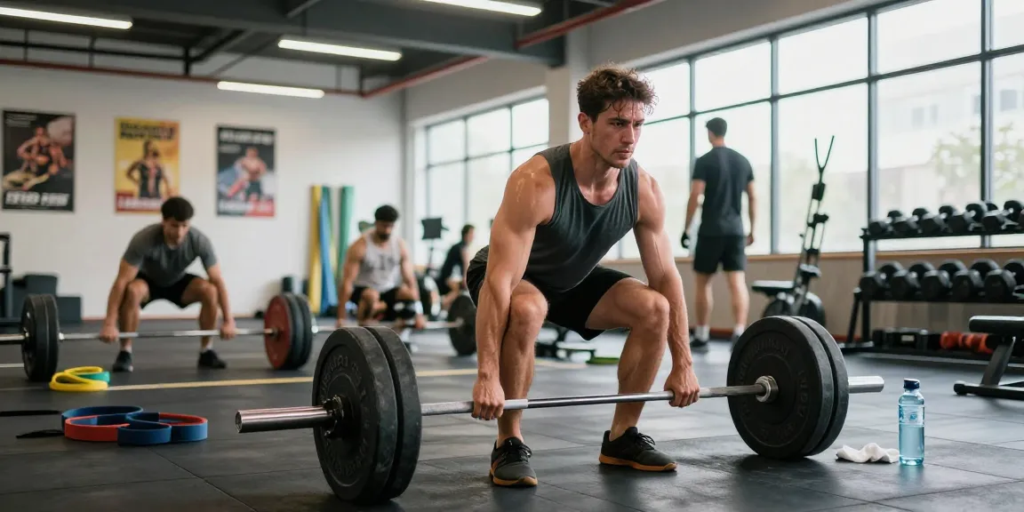 Prime Pharma Steroiden featured in a vibrant gym scene with an athletic man lifting weights, showcasing fitness dedication.