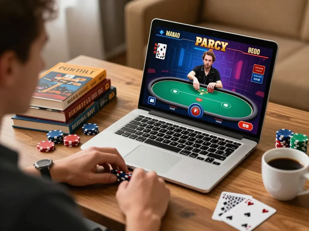 Play poker online with nhà cái hm88 on a laptop in a cozy home office.