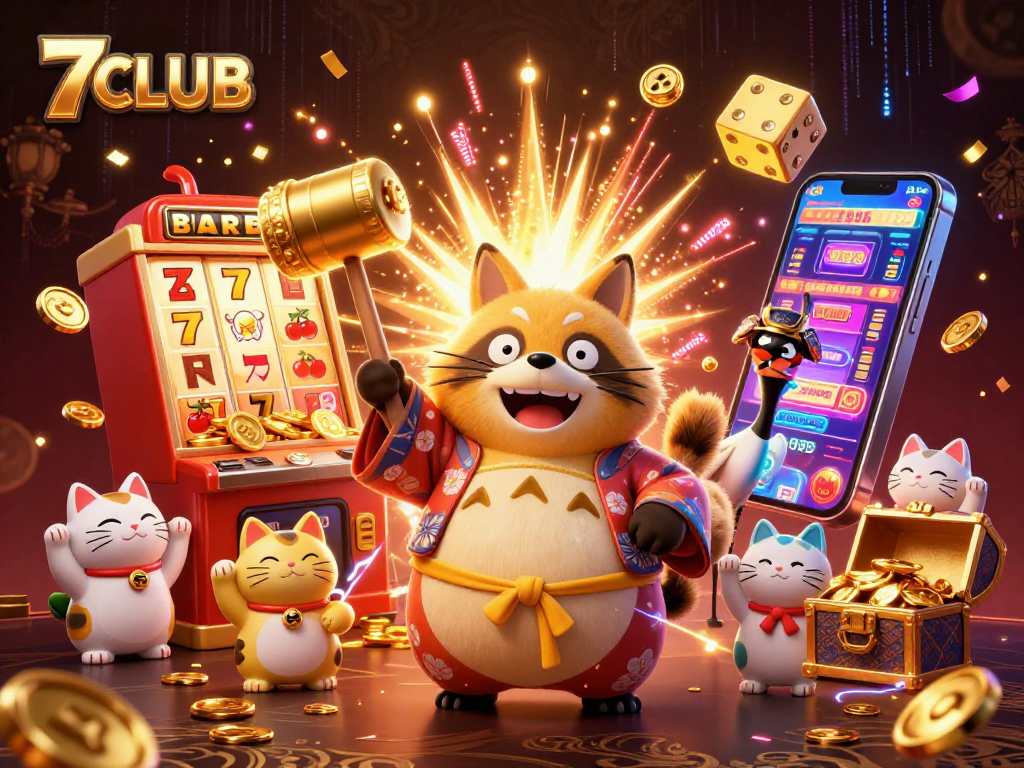 Experience the excitement of 7CLUB as the cheerful tanuki celebrates a jackpot explosion in this dynamic casino scene.
