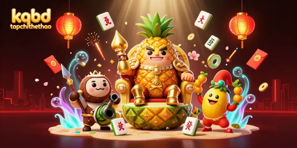 Bet on kqbd tapchithethao with the golden pineapple king and vibrant casino elements.
