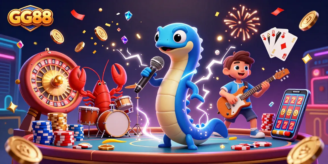 An electrifying underwater casino scene showcasing GG88, featuring a DJ electric eel, lobster drummer, and seahorse guitarist surrounded by dynamic casino elements.