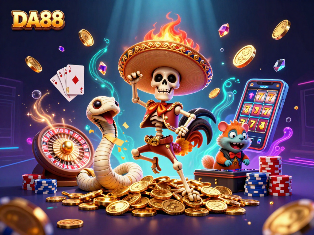 Experience exciting wins at DA88 with dynamic gaming elements in vibrant 3D illustration
