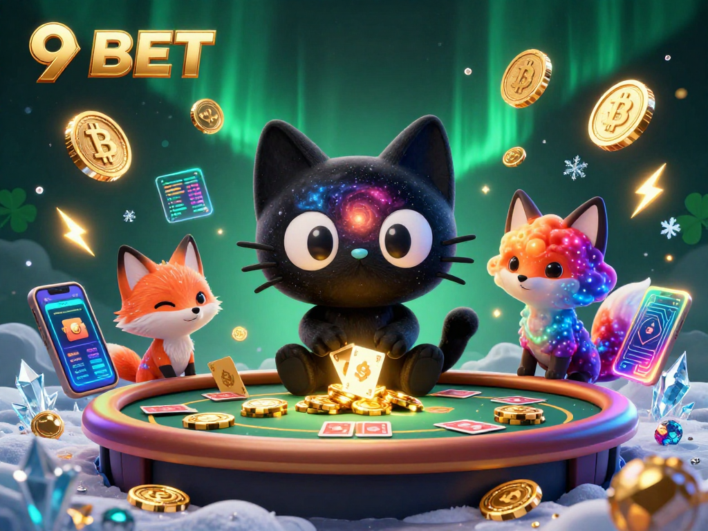 Engage with 9BET's cosmic casino featuring a black hole cat and nebula fox amidst vibrant crypto elements.
