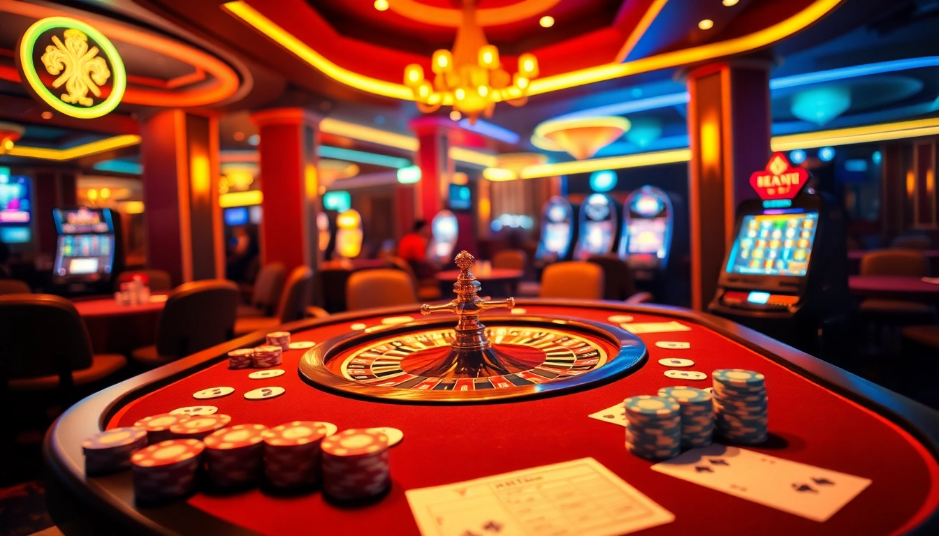 Kết quả xổ số excitement captured in a luxurious casino scene with roulette wheel, poker chips, and vibrant lights.