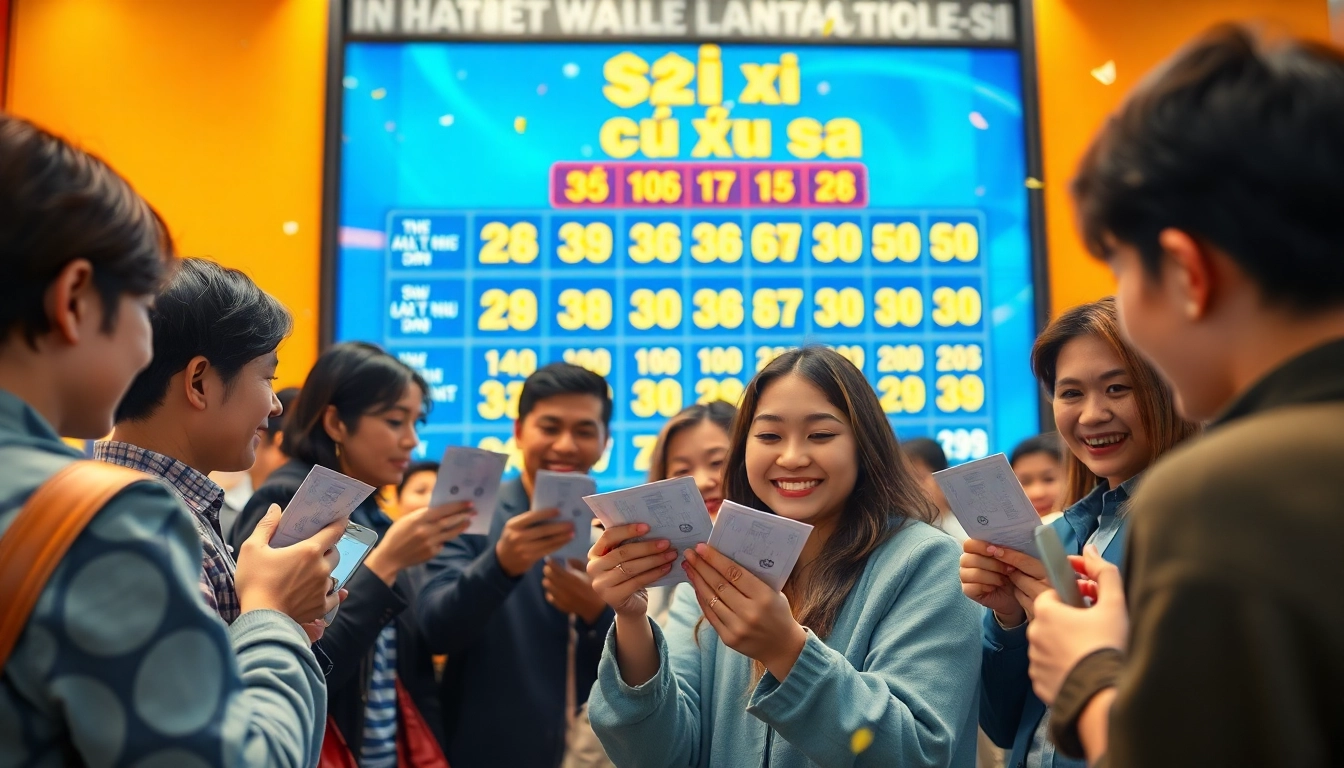 Soi cầu xổ số scene with diverse people excitedly checking lottery results against winning numbers.
