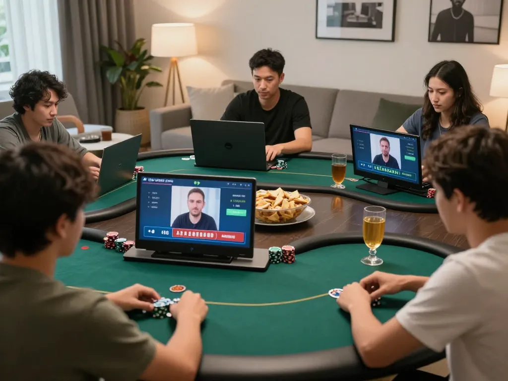 Players enjoying online poker on the AE888 platform in a cozy home setting