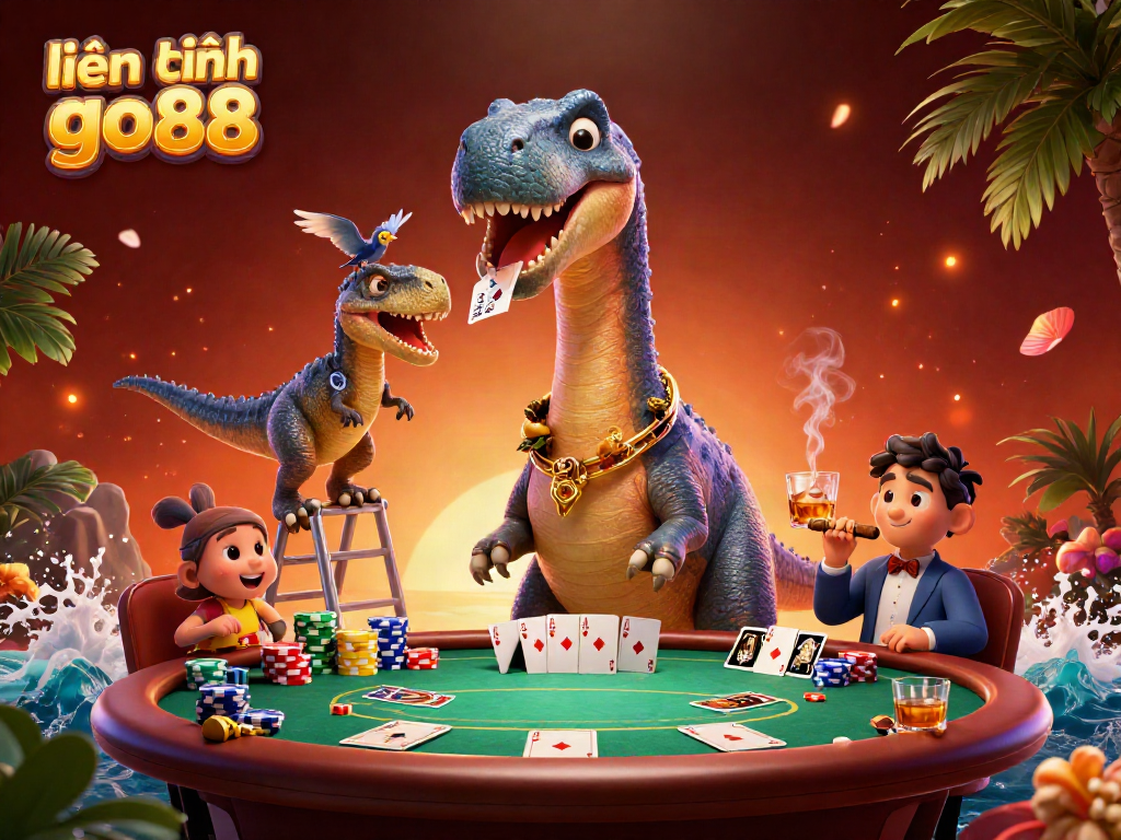 Experience excitement with "liên hệ go88" as a dinosaur towers over a dynamic poker scene filled with colorful chips.