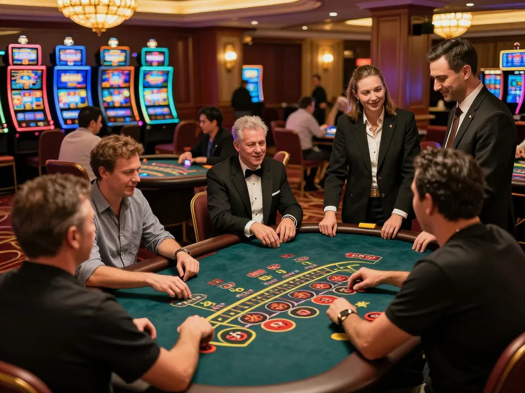 Link nhà cái Sky88 showcases players enjoying dynamic table games in a vibrant casino atmosphere